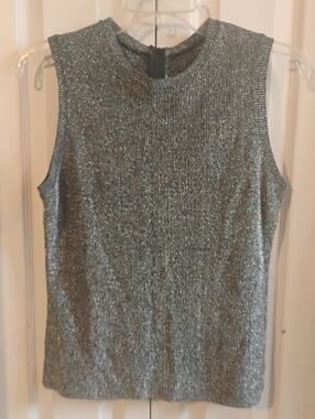 Vintage 60s 70s Sears Metallic Silver Knit Shell Top Mod Sleeveless Tank Medium